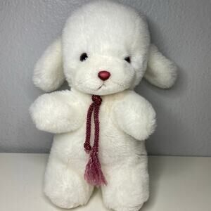 Vintage 1982 Gund Smooch White Puppy Dog 11” Red Rope Rattle Stuffed Animal